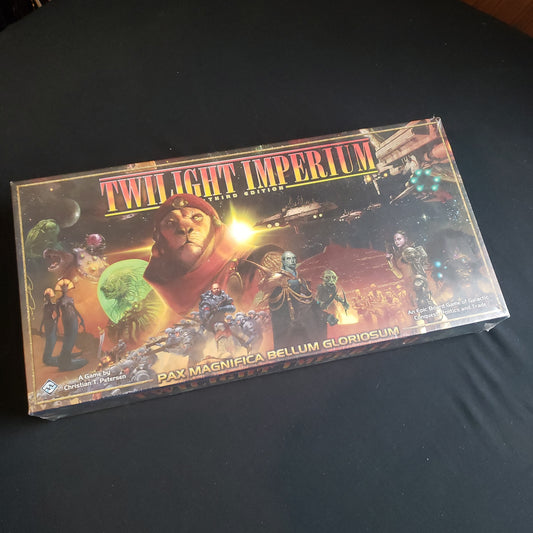 Image shows the front cover of the box of the Twilight Imperium board game