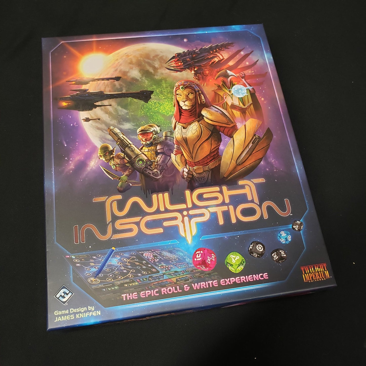 Image shows the front cover of the box of the Twilight Inscription board game