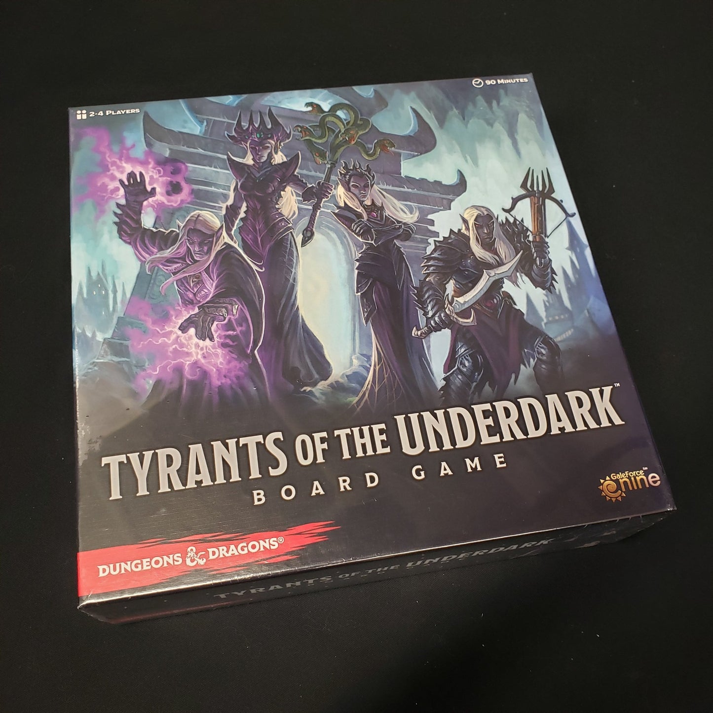 Image shows the front cover of the box of the Tyrants of the Underdark board game