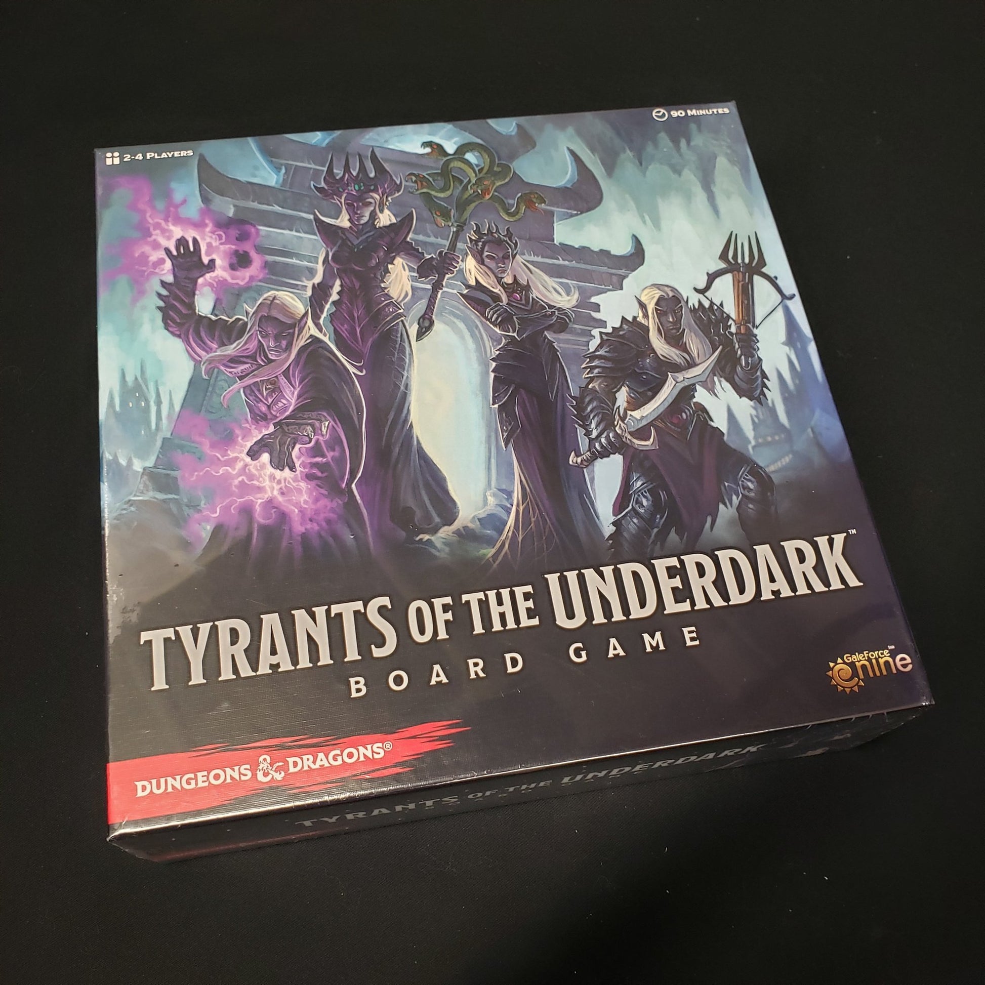 Image shows the front cover of the box of the Tyrants of the Underdark board game