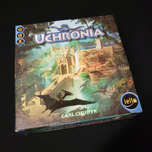 Image shows the front cover of the box of the Uchronia board game