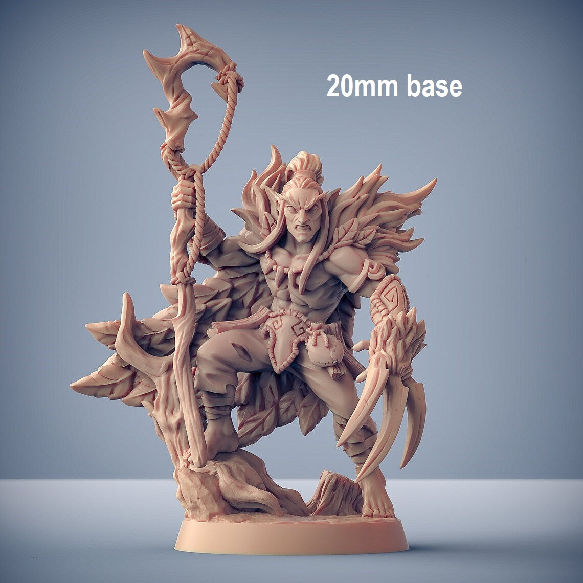 Image shows an 3D render of an elf druid gaming miniature holding a staff in one hand and claw gauntlet on the other