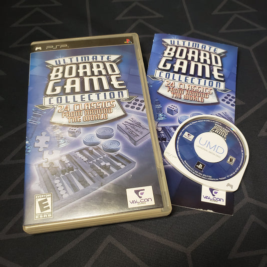 Image shows the case, manual and UMD disc for the video game Ultimate Board Game Collection for Playstation Portable