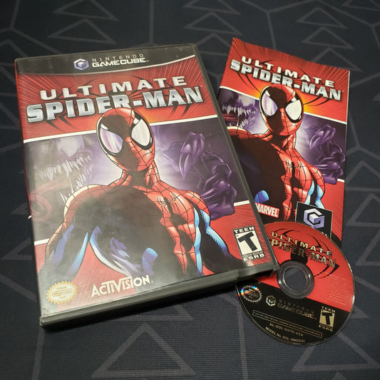 Image shows the case, manual and disc for the video game Ultimate Spider-Man for Nintendo GameCube
