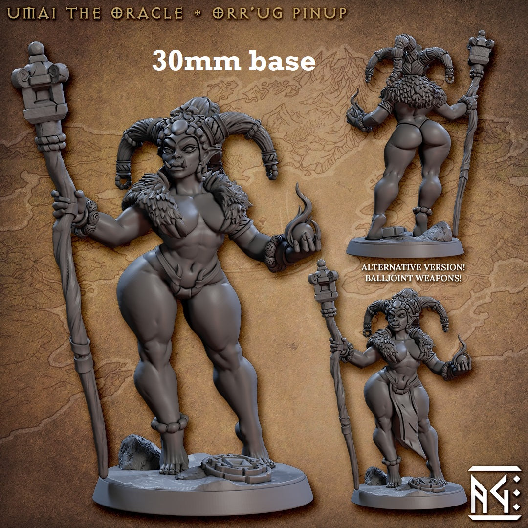 Image shows 3D renders of two sculpt options for a orc cleric gaming miniature.