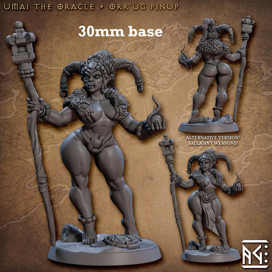 Image shows 3D renders of two sculpt options for a orc cleric gaming miniature.