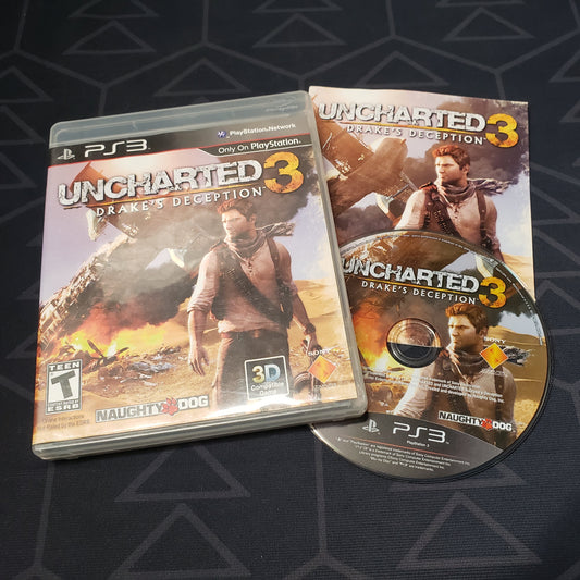 Image shows the case, manual and disc for the video game Uncharted 3: Drake's Deception for Playstation 3