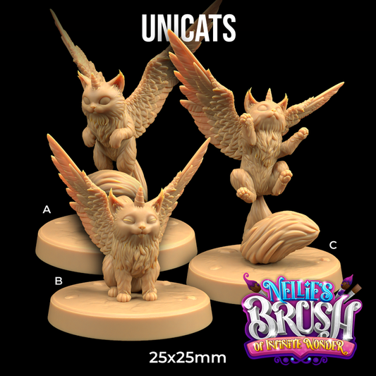 Image shows 3D renders for three different sculpt options of a unicorn cat gaming miniatures