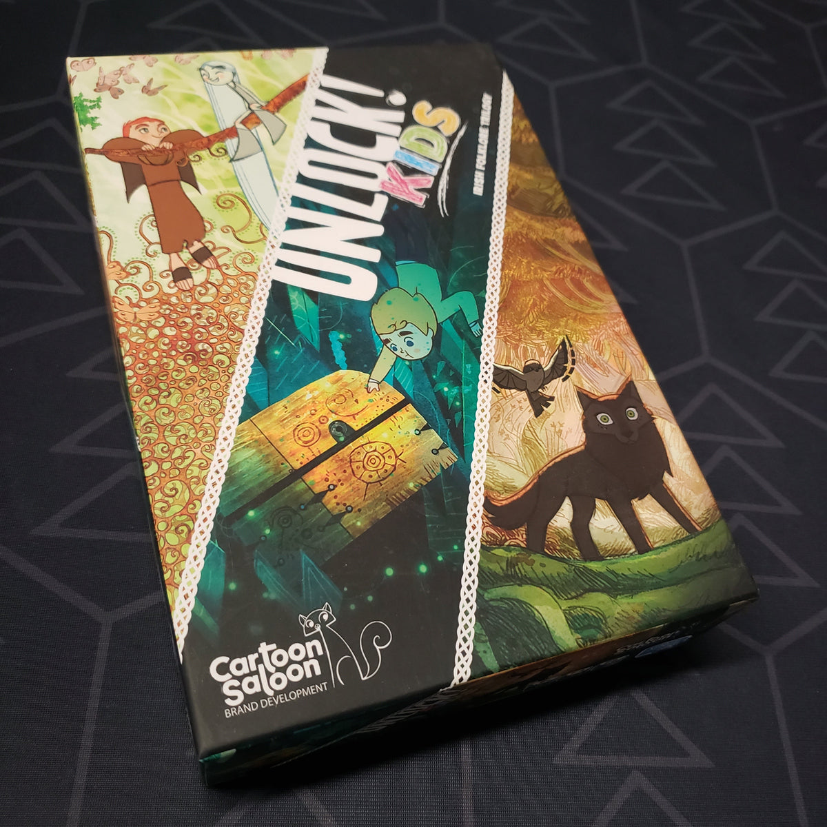 Image shows the front cover of the box for the Unlock! Kids: Irish Folklore Trilogy board game
