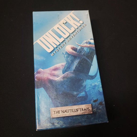 Image shows the front cover of the box of the Unlock!: The Nautilus Traps card game