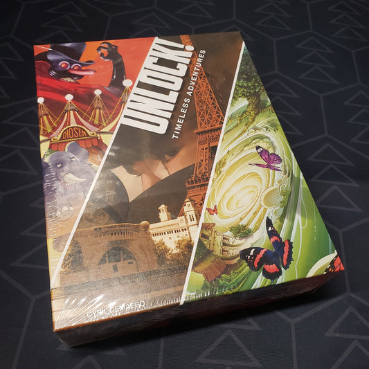 Image shows the front cover of the box of the Unlock!: Timeless Adventures card game