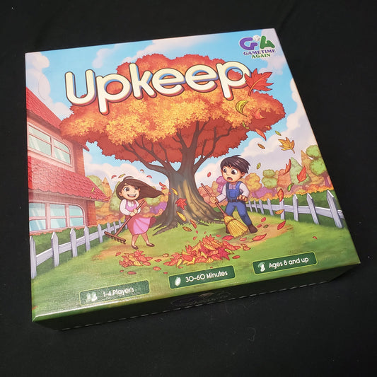 Image shows the front cover of the box of the Upkepp board game