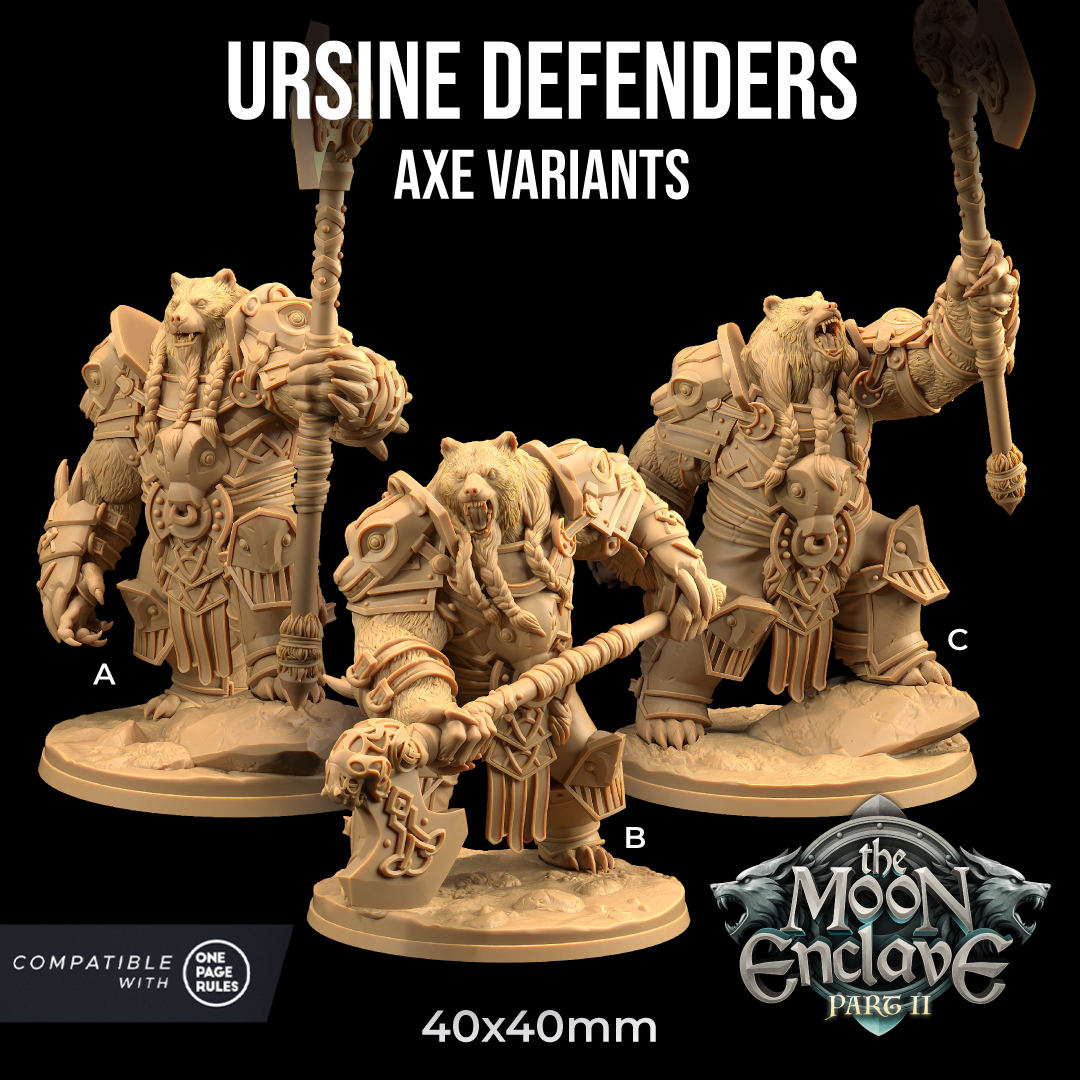 Image shows 3D renders of three pose options for a bear warrior gaming miniature holding an axe