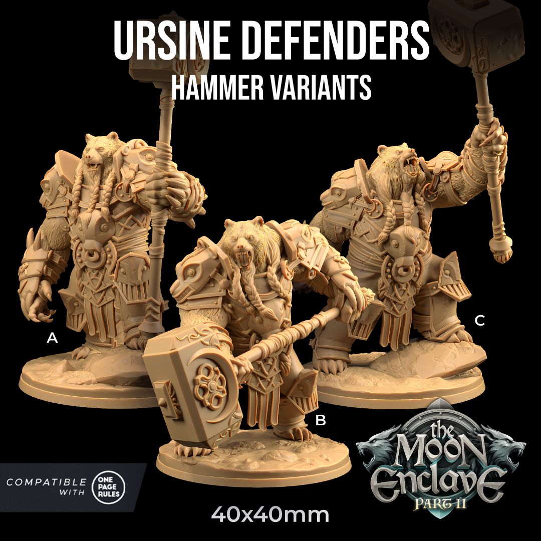 Image shows 3D renders of three pose options for a bear warrior gaming miniature holding a hammer