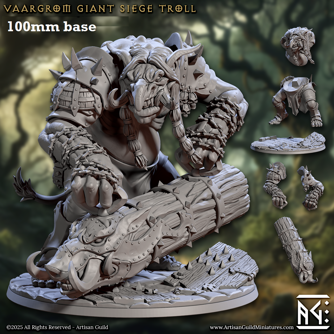 Image shows a 3D render of a huge troll gaming miniature holding a treetrunk battering ram