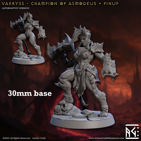 Image shows 3D renders of two sculpt options for a tiefling barbarian gaming miniature.
