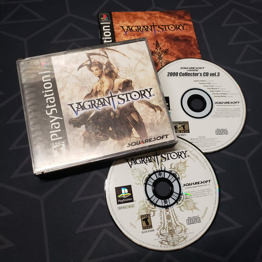 Image shows the jewel case, manual and two discs for the video game Vagrant Story for Playstation 1
