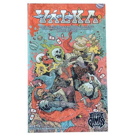 Image shows the front cover of the box of the Valka card game