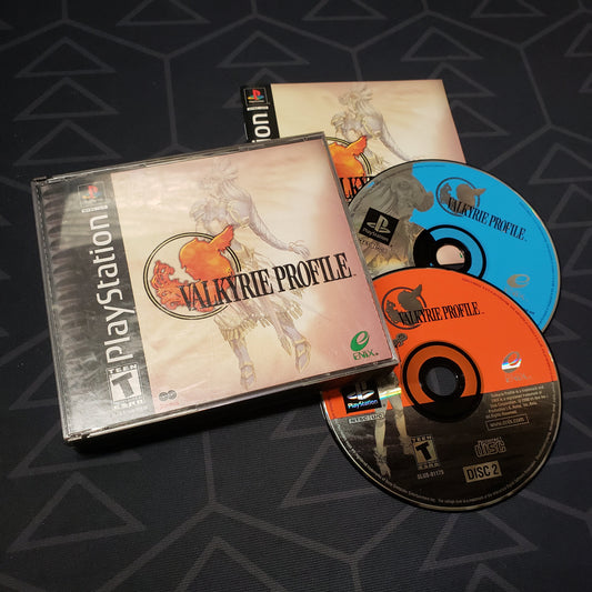 Image shows the jewel case, manual and two discs for the video game Valkyrie Profile for Playstation 1