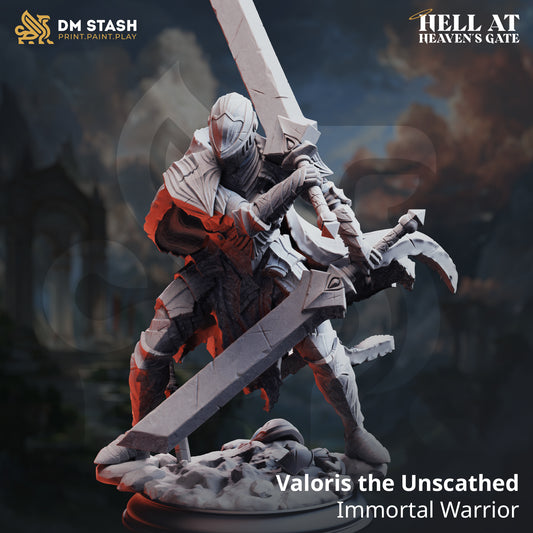 Image shows a 3D render of a gaming miniature of a knight with two large swords.