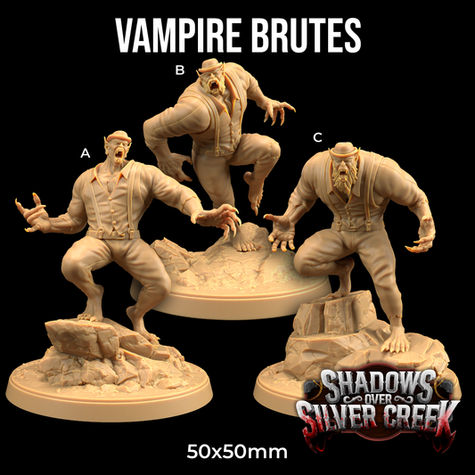 Image shows 3D renders for three different sculpt options for a vampire brute gaming miniature, wearing old-timey suspenders and bowler hats