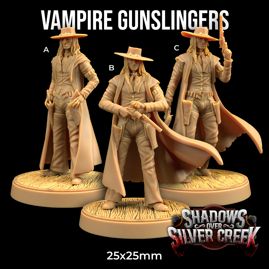 Image shows 3D renders for three different sculpt options for a vampire gunslinger gaming miniature