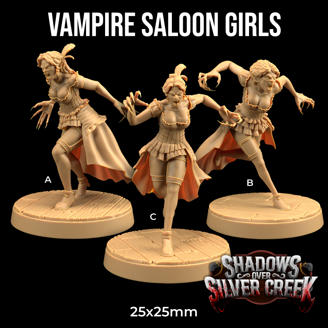 Image shows 3D renders for three different sculpt options for a vampire saloon girl gaming miniature