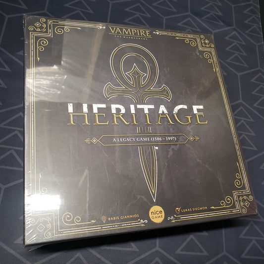 Image shows the front cover of the box for the board game Vampire: The Masquerade - Heritage