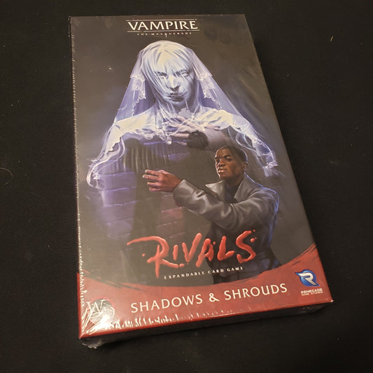 Image shows the front cover of the box of the Shadows & Shrouds expansion for the Vampire: The Masquerade -  Rivals card game