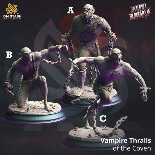 Image shows 3D renders of three different sculpt options of a vampire thrall gaming miniature