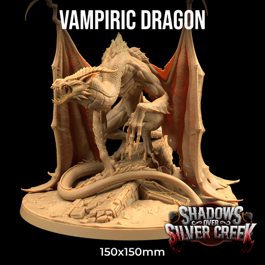 Image shows a 3D render of a large vampire dragon gaming miniature perched atop the rubble of a building