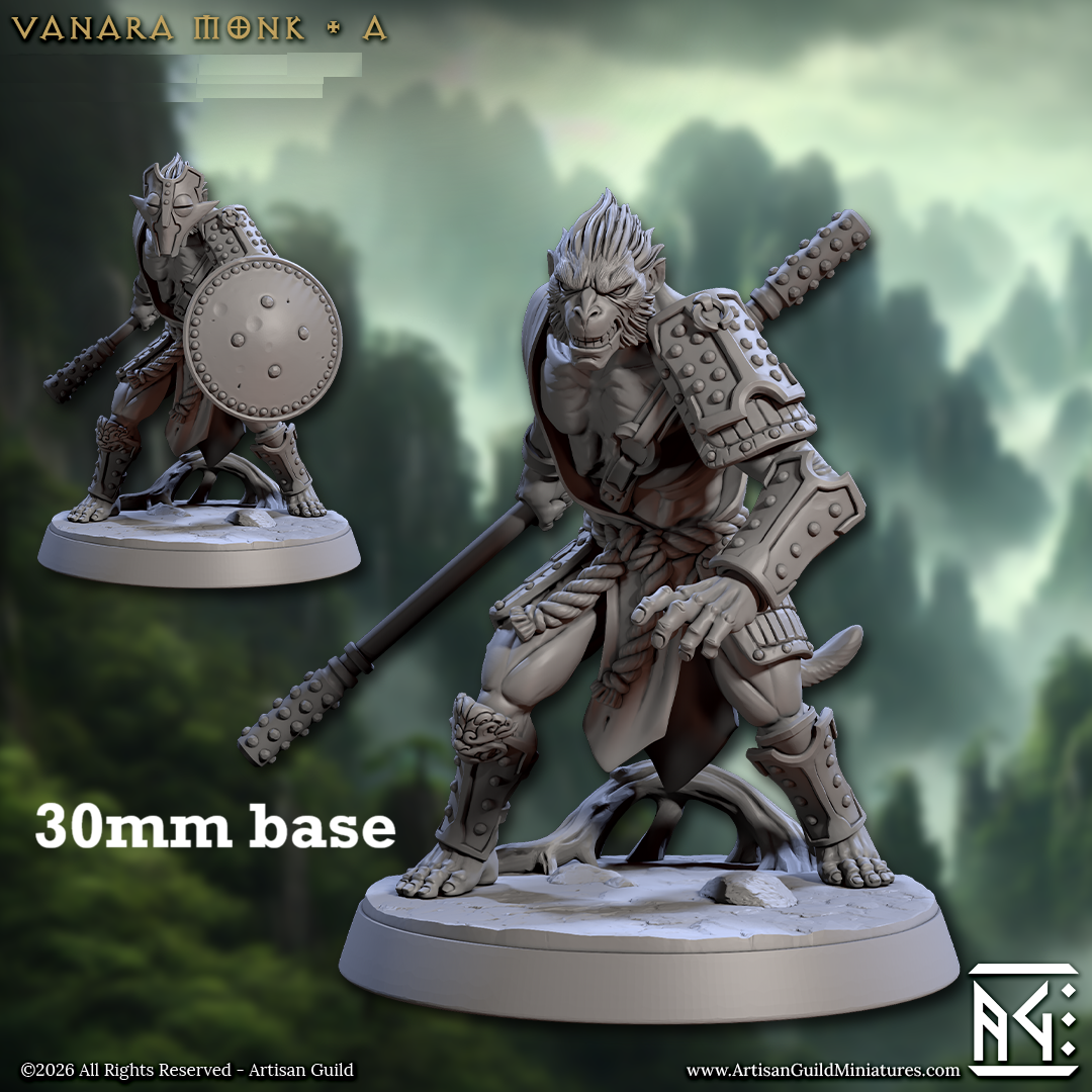 Image shows a 3D render of a simian monk gaming miniature.