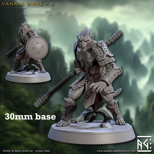 Image shows a 3D render of a simian monk gaming miniature.