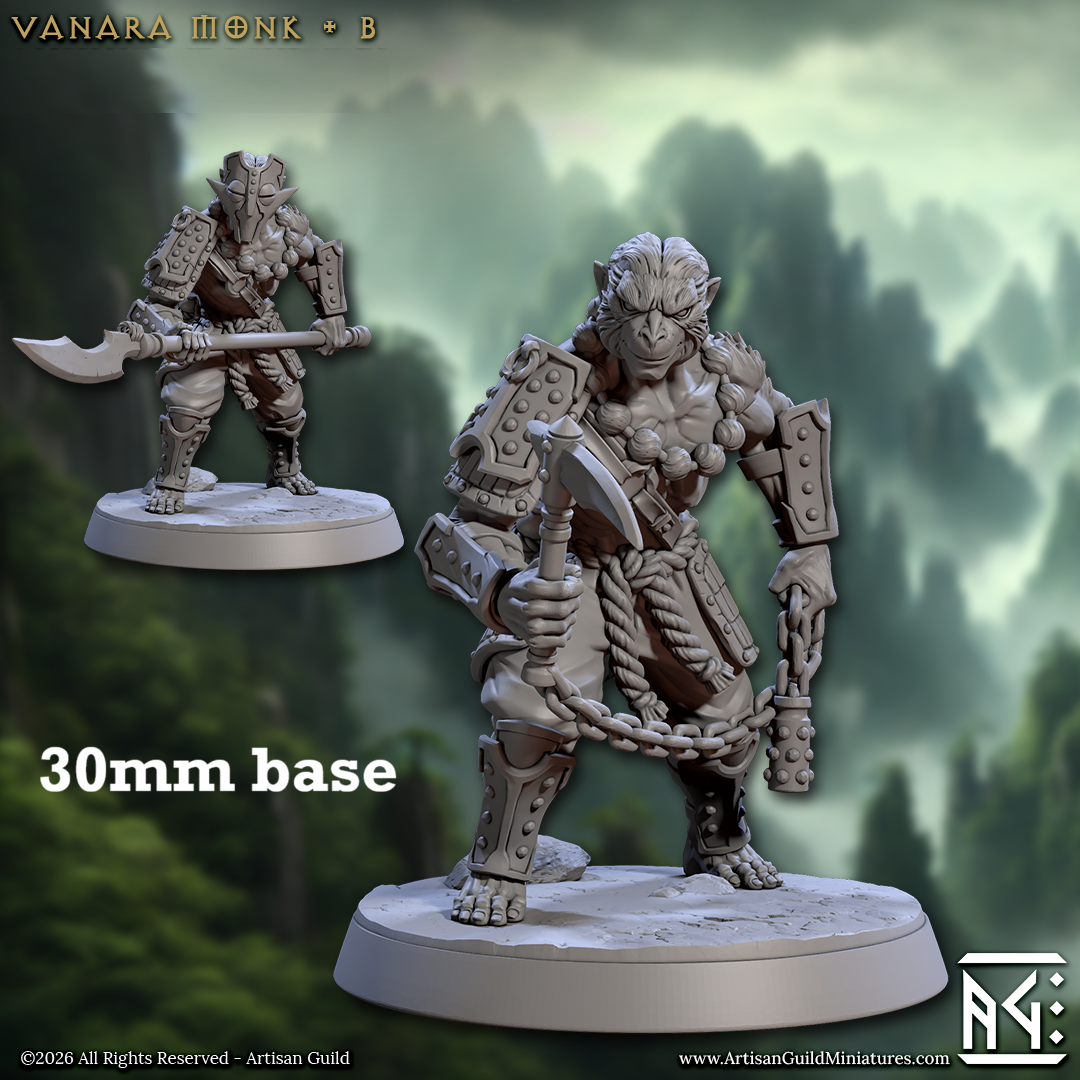 Image shows a 3D render of a simian monk gaming miniature.