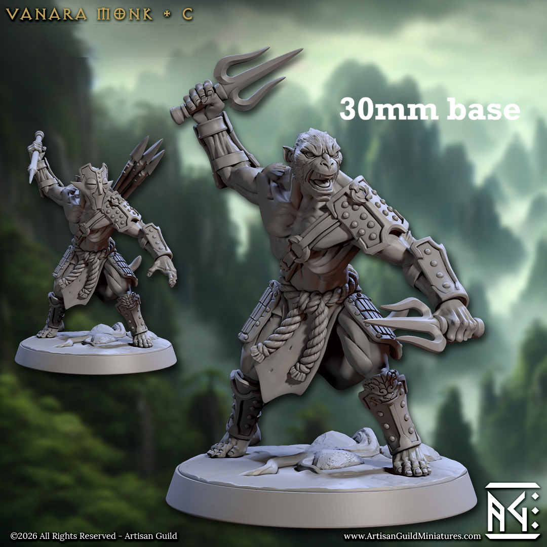 Image shows 3D renders of two sculpt options for a simian monk gaming miniature.