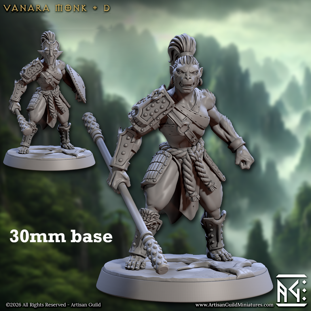 Image shows 3D renders of two sculpt options for a simian monk gaming miniature.
