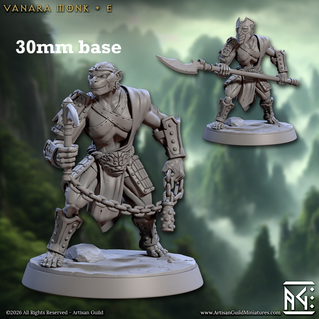 Image shows 3D renders of two sculpt options for a simian monk gaming miniature.