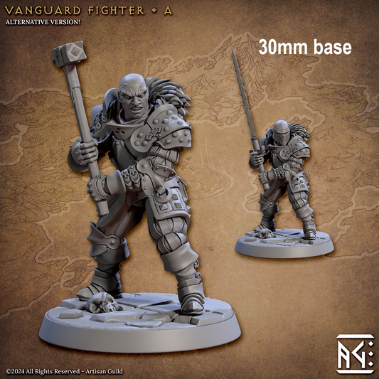 Image shows two different options for a human fighter gaming miniature, one with a helmet holding a large sword, and one without a helmet holding a warhammer