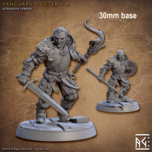 Image shows two different options for a human fighter gaming miniature, one with a helmet holding a shield & poleaxe, and one without a helmet holding a torch & sword