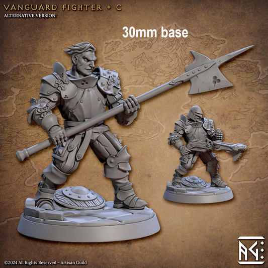 Image shows two different options for a human fighter gaming miniature, one with a helmet holding a crossbow, and one without a helmet holding a halberd