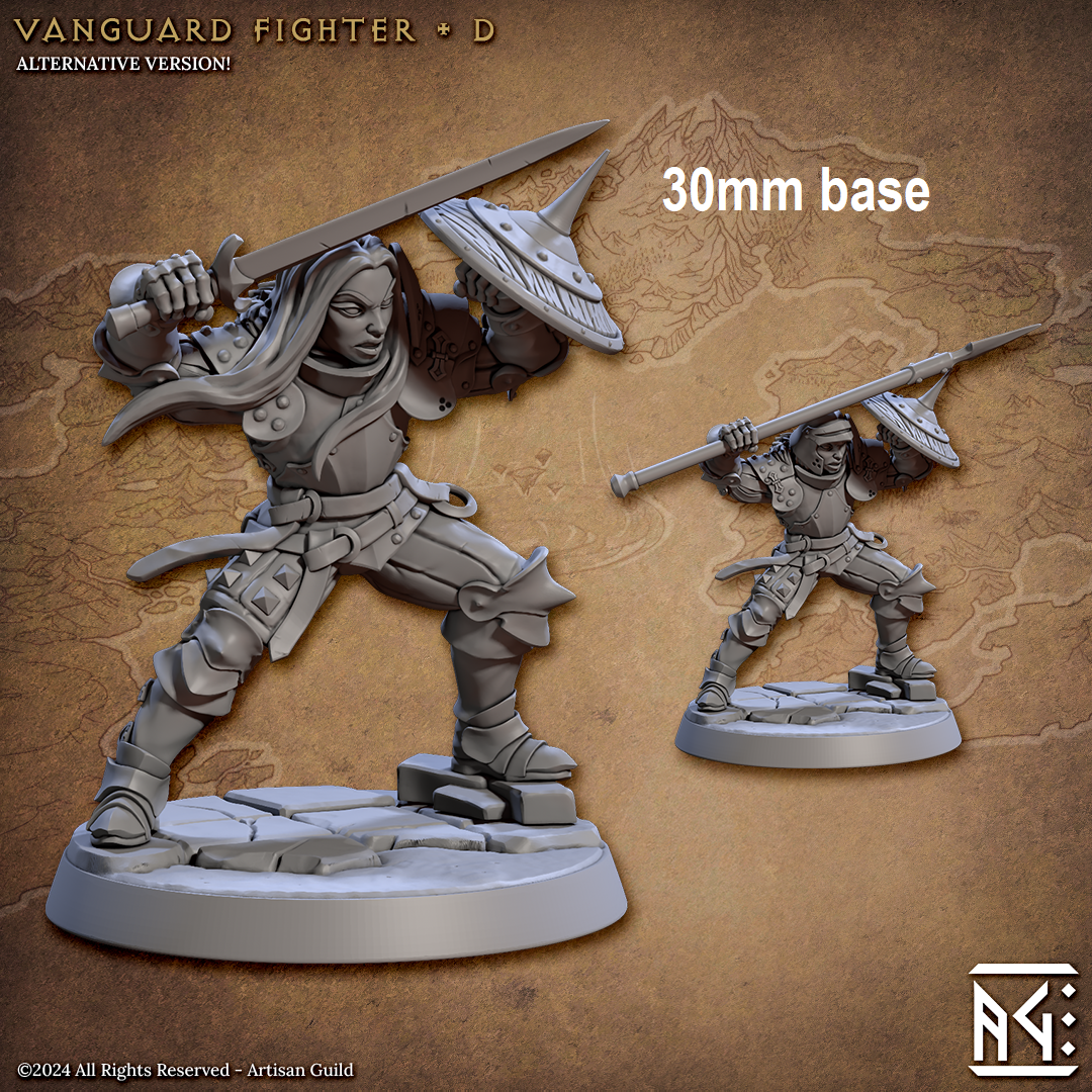 Image shows two different options for a human fighter gaming miniature, one with a helmet holding a spear & shield, and one without a helmet holding a sword & shield