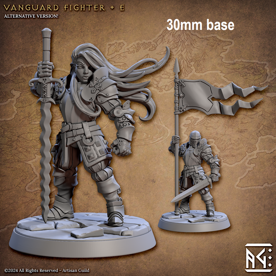 Image shows two different options for a human fighter gaming miniature, one with a helmet holding a banner & sword, and one without a helmet holding a large sword