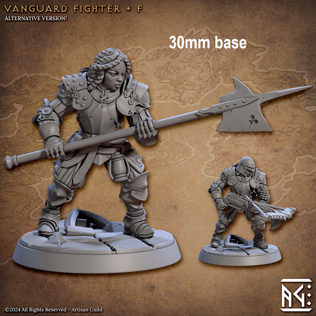 Image shows two different options for a human fighter gaming miniature, one with a helmet holding a crossbow, and one without a helmet holding a halberd