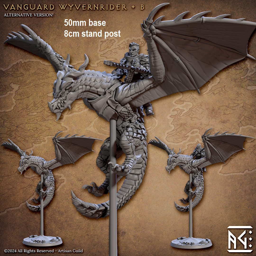 Image shows two different options for a gaming miniature of a human fighter riding a wyvern, one with a helmet holding a halberd, and one without a helmet holding a heavy crossbow