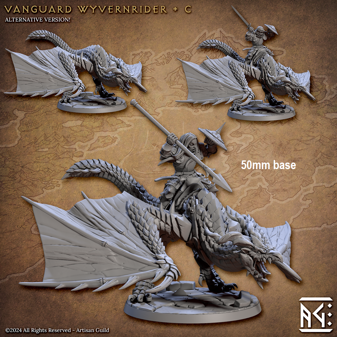 Image shows two different options for a gaming miniature of a human fighter riding a wyvern, one with a helmet holding a sword & shield, and one without a helmet holding a spear & shield