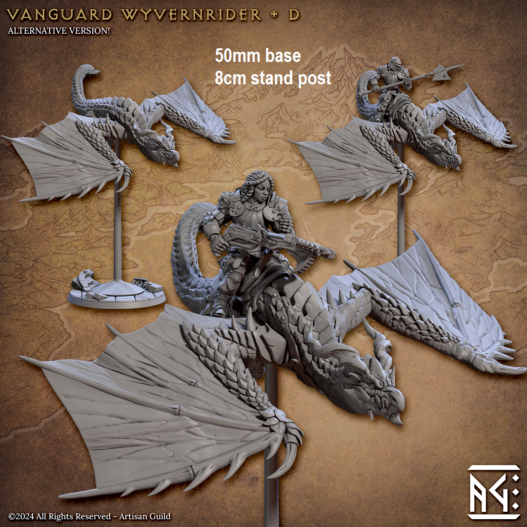 Image shows two different options for a gaming miniature of a human fighter riding a wyvern, one with a helmet holding a halberd, and one without a helmet holding a heavy crossbow