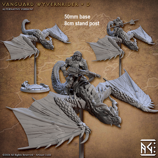 Image shows two different options for a gaming miniature of a human fighter riding a wyvern, one with a helmet holding a halberd, and one without a helmet holding a heavy crossbow