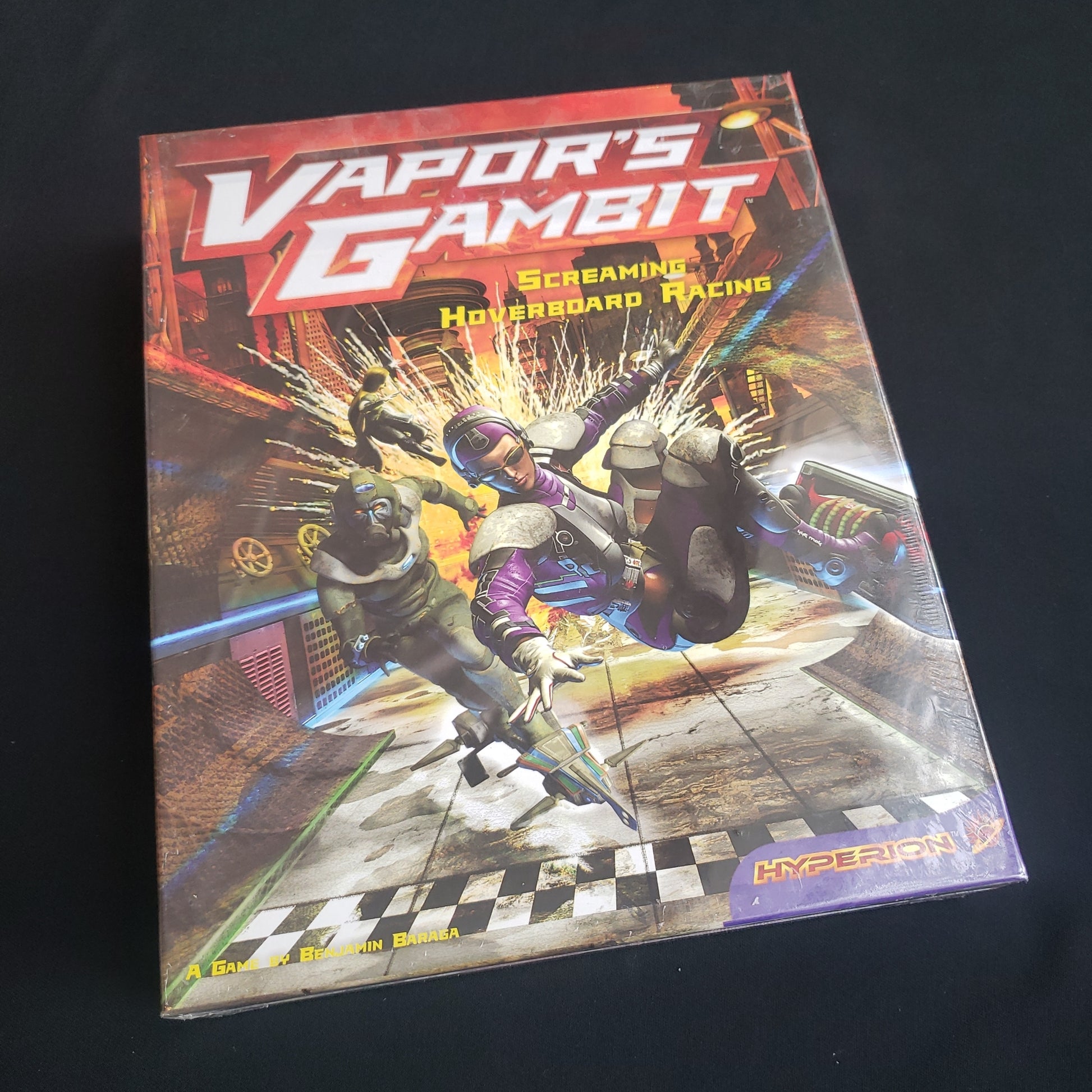 Image shows the front cover of the box of the Vapor's Gambit board game