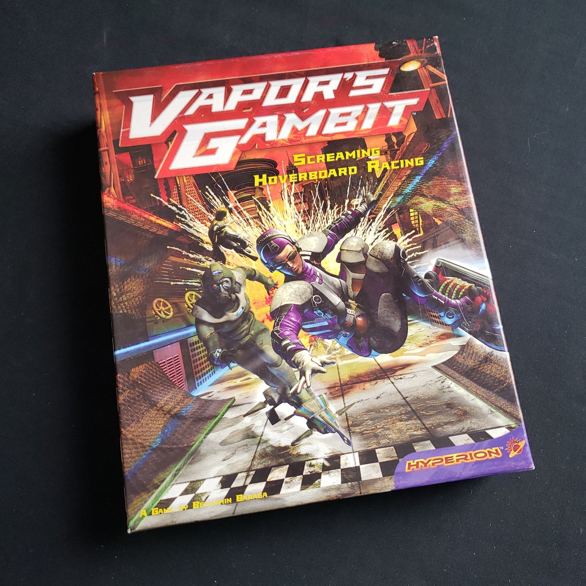 Image shows the front cover of the box of the Vapor's Gambit board game