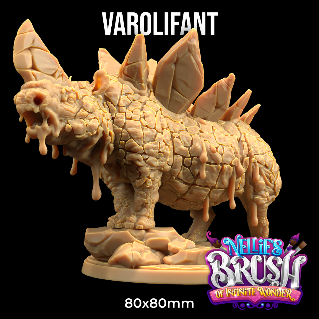 Image shows a 3D render of a stegosaurus-rhinoceros hybrid gaming miniature, that looks like it is melting